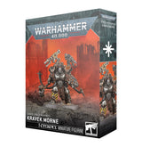 Product box for the Warhammer 40,000 miniature Kravek Morne, showing a painted armored Chaos Space Marine with mechanical weapon arms on a rocky base against a red ruined backdrop. Front reads "WARHAMMER 40,000" and "KRAVEK MORNE"; side panel repeats the figure with a chaos star symbol.