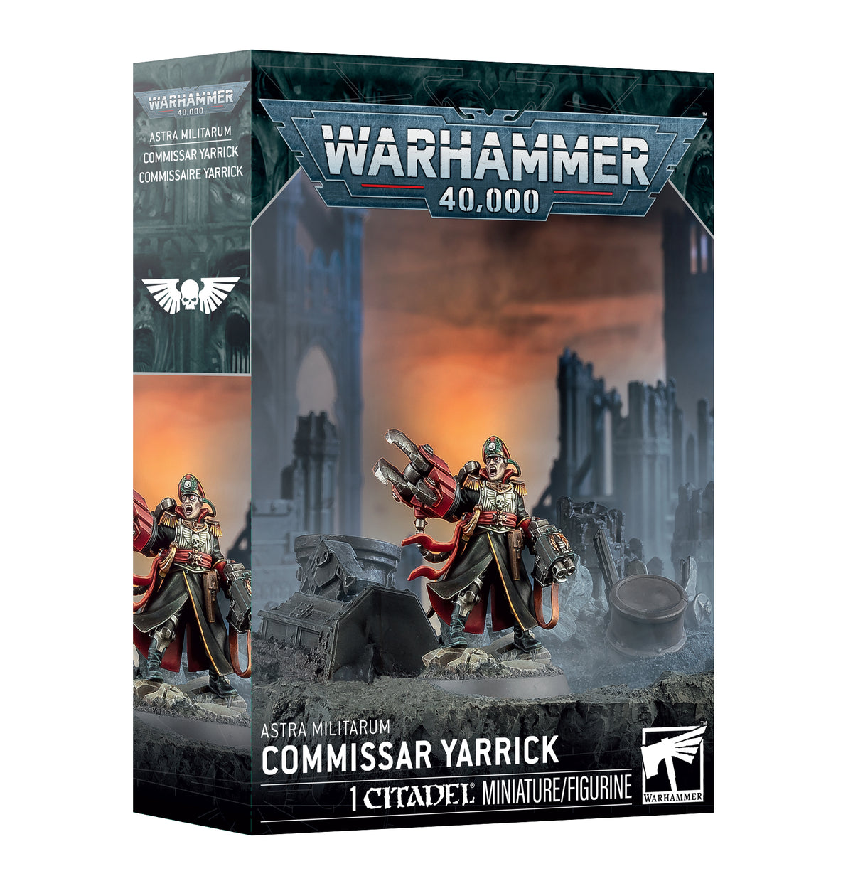 Retail box for the Astra Militarum Commissar Yarrick miniature, showing the painted figure in a long dark coat with red lining, a bionic eye and a large red power claw, posed on rubble against a ruined gothic backdrop. The box reads "WARHAMMER 40,000" at top and "ASTRA MILITARUM COMMISSAR YARRICK 1 CITADEL MINIATURE/FIGURINE" along the bottom, with a winged skull emblem on the side panel.
