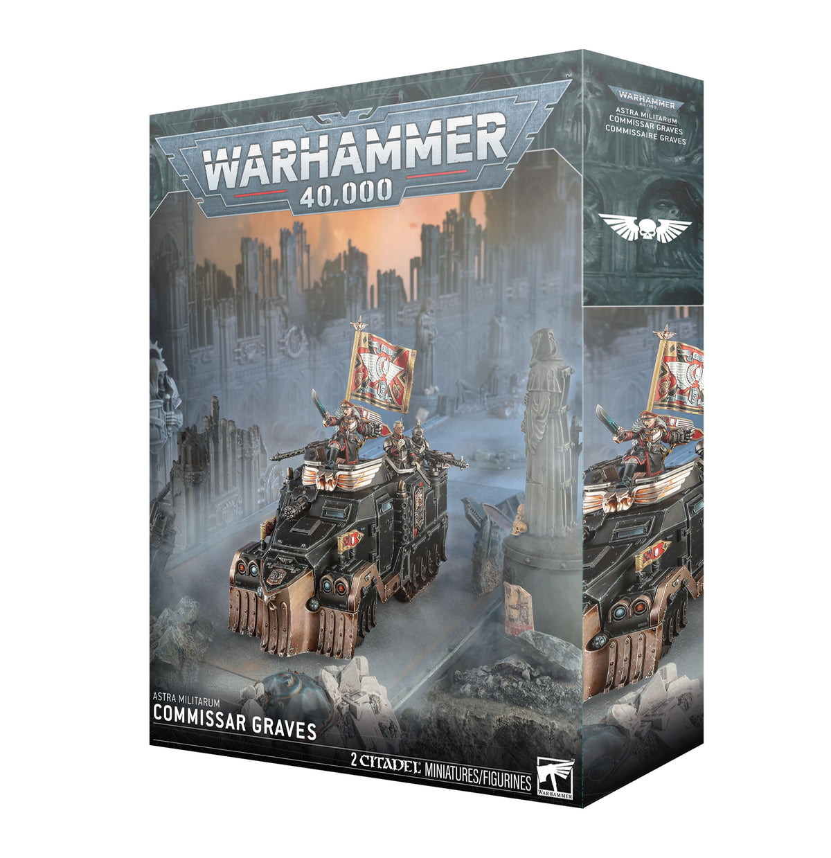 Product box for a Warhammer 40,000 kit shown at an angle with front and side panels visible. The cover art depicts a black and bronze armored vehicle carrying armed figures, one holding a red banner with a winged emblem, set against gothic ruins. Text reads "WARHAMMER 40,000" and "ASTRA MILITARUM COMMISSAR GRAVES".