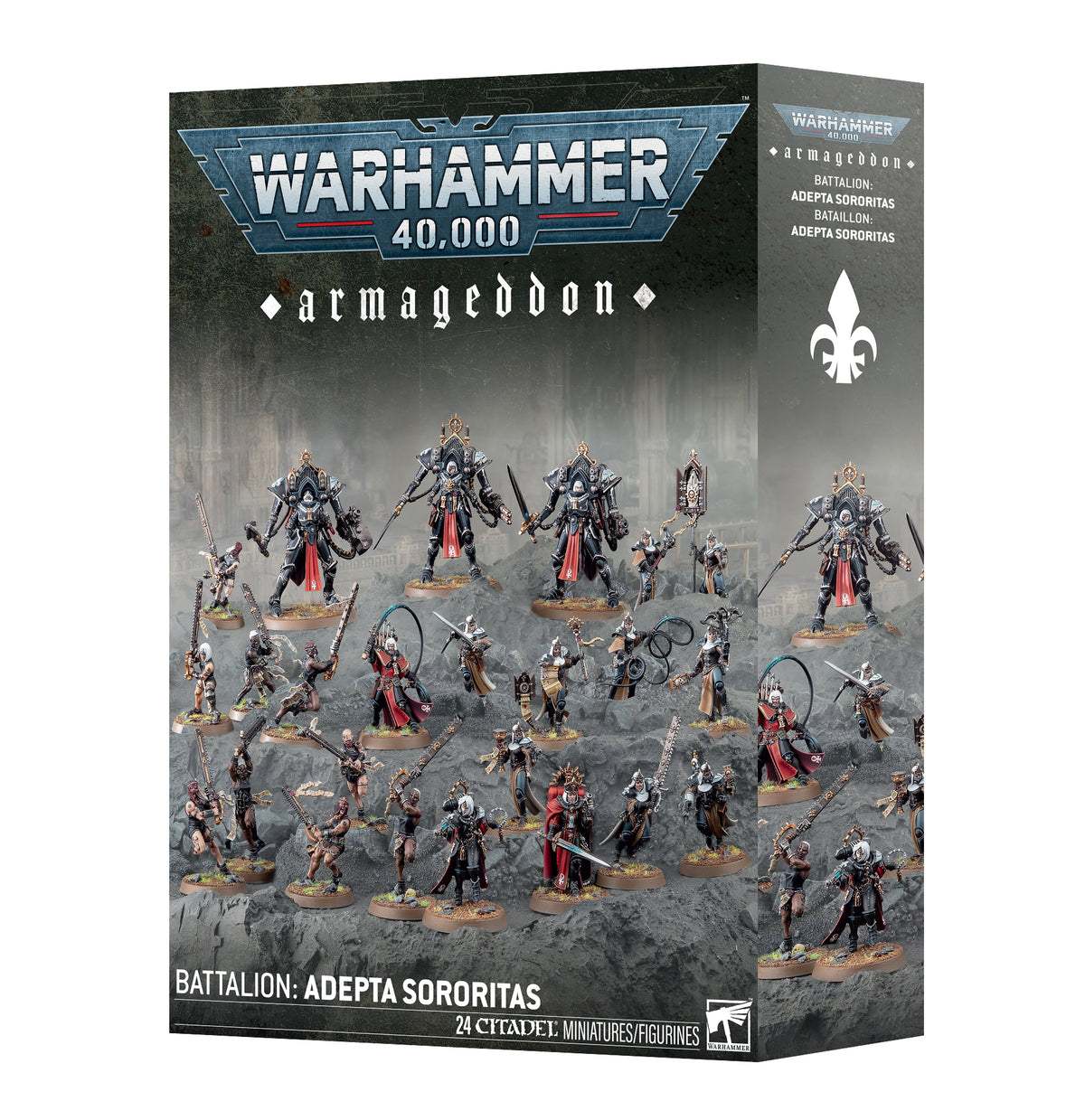 Product box for the Warhammer 40,000 "armageddon" Battalion: Adepta Sororitas set, shown at an angle with front and side panel. The front displays the "WARHAMMER 40,000" logo and gothic "armageddon" title above painted miniatures of armored sisters in black and silver with red cloaks on rocky terrain, with "BATTALION: ADEPTA SORORITAS" and "24 CITADEL MINIATURES/FIGURINES" at the bottom; the side panel repeats the titles with a white fleur-de-lis symbol.
