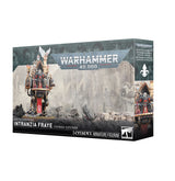 Warhammer 40,000 box for the Adepta Sororitas Intranzia Fraye Dogmata Superior kit, showing a painted miniature of a robed figure seated on an ornate throne war engine with red banners, skulls and a winged statue, against ruined gothic scenery. Text reads "WARHAMMER 40,000" and "1 CITADEL MINIATURE/FIGURINE".