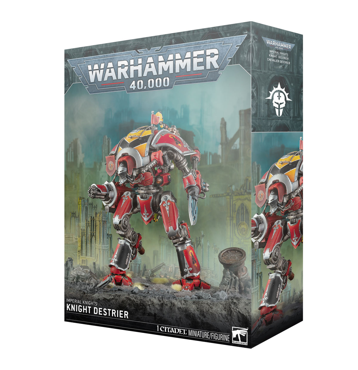 Retail box for the Imperial Knights Knight Destrier miniature, showing a red, yellow and silver armored knight mech standing on a ruined gothic battlefield. The box reads "WARHAMMER 40,000" at the top and "KNIGHT DESTRIER" with "CITADEL: MINIATURE/FIGURINE" along the bottom.