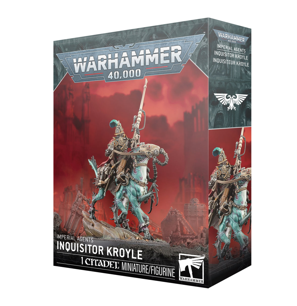 Product box for the Warhammer 40,000 kit "Imperial Agents Inquisitor Kroyle", shown at an angle revealing the front and side panels. The front artwork depicts an armored rider with a plumed helmet holding a long rifle, mounted on a teal four-legged beast against a red ruined-city backdrop, with the "WARHAMMER 40,000" logo at top and "INQUISITOR KROYLE" and "1 CITADEL MINIATURE/FIGURINE" text at the bottom.