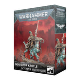 Product box for the Warhammer 40,000 kit "Imperial Agents Inquisitor Kroyle", shown at an angle revealing the front and side panels. The front artwork depicts an armored rider with a plumed helmet holding a long rifle, mounted on a teal four-legged beast against a red ruined-city backdrop, with the "WARHAMMER 40,000" logo at top and "INQUISITOR KROYLE" and "1 CITADEL MINIATURE/FIGURINE" text at the bottom.