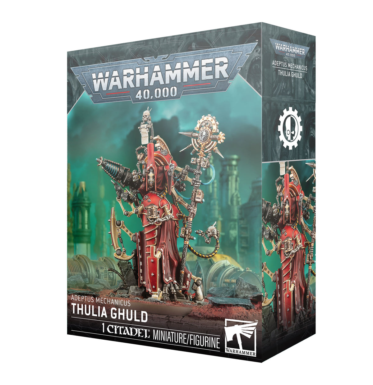 Product box for the Warhammer 40,000 miniature "ADEPTUS MECHANICUS THULIA GHULD", shown at an angle revealing the front and side panels. The artwork depicts a red-robed Tech-Priest figure with mechanical limbs, a tall ornate staff and a sonic weapon against a teal industrial backdrop, with the "WARHAMMER 40,000" logo at top and "1 CITADEL MINIATURE/FIGURINE" along the bottom.