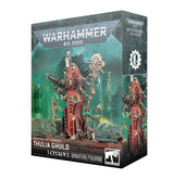 Product box for the Warhammer 40,000 miniature "ADEPTUS MECHANICUS THULIA GHULD", shown at an angle revealing the front and side panels. The artwork depicts a red-robed Tech-Priest figure with mechanical limbs, a tall ornate staff and a sonic weapon against a teal industrial backdrop, with the "WARHAMMER 40,000" logo at top and "1 CITADEL MINIATURE/FIGURINE" along the bottom.