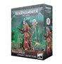 Product box for the Warhammer 40,000 miniature "ADEPTUS MECHANICUS THULIA GHULD", shown at an angle revealing the front and side panels. The artwork depicts a red-robed Tech-Priest figure with mechanical limbs, a tall ornate staff and a sonic weapon against a teal industrial backdrop, with the "WARHAMMER 40,000" logo at top and "1 CITADEL MINIATURE/FIGURINE" along the bottom.
