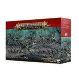 Boxed set for Warhammer Age of Sigmar showing painted Ossiarch Bonereapers bone-armored miniatures, including winged warriors, a mounted rider on a skeletal beast, and spear-bearing infantry on a rocky teal battlefield. The red banner reads "WARHAMMER AGE OF SIGMAR" and the lower label reads "NULL MYRIAD PHALANX" with "26 CITADEL MINIATURES/FIGURINES".