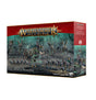 Boxed set for Warhammer Age of Sigmar showing painted Ossiarch Bonereapers bone-armored miniatures, including winged warriors, a mounted rider on a skeletal beast, and spear-bearing infantry on a rocky teal battlefield. The red banner reads "WARHAMMER AGE OF SIGMAR" and the lower label reads "NULL MYRIAD PHALANX" with "26 CITADEL MINIATURES/FIGURINES".