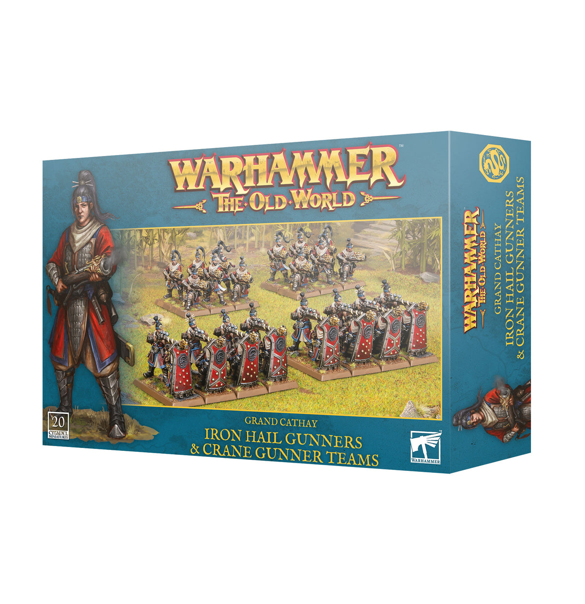 Teal product box for Warhammer: The Old World showing painted miniature soldiers with red shields and gunner teams on a grassy field, plus an illustrated warrior in red robes holding a firearm. Text reads "WARHAMMER THE OLD WORLD" and "GRAND CATHAY IRON HAIL GUNNERS & CRANE GUNNER TEAMS".