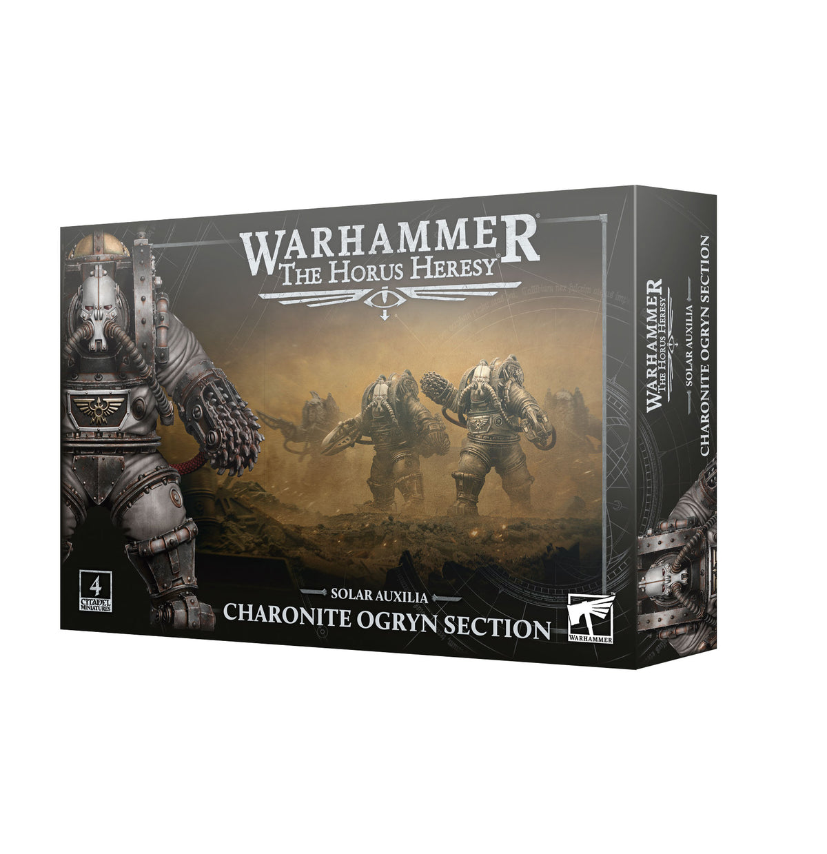 Product box for the Warhammer: The Horus Heresy kit, shown at an angle revealing the front and side panels. The dark gray box features artwork of armored ogryn warriors in a dusty battlefield, with a close-up of a figure wearing a clawed gauntlet, and white text reading "WARHAMMER THE HORUS HERESY", "SOLAR AUXILIA" and "CHARONITE OGRYN SECTION".