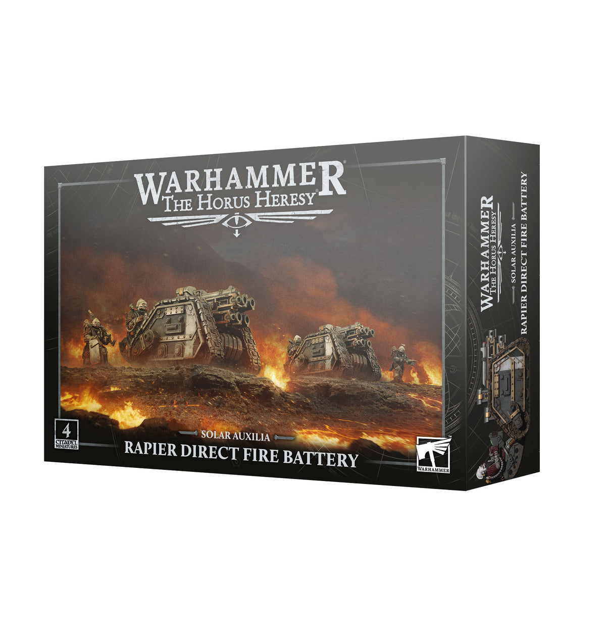 Product box for the Solar Auxilia Rapier Direct Fire Battery, shown at an angle revealing the front and right side panel. The dark grey front bears the white logo "WARHAMMER THE HORUS HERESY" above artwork of two tracked weapon platforms with crew figures amid orange flames, with "RAPIER DIRECT FIRE BATTERY" along the bottom.