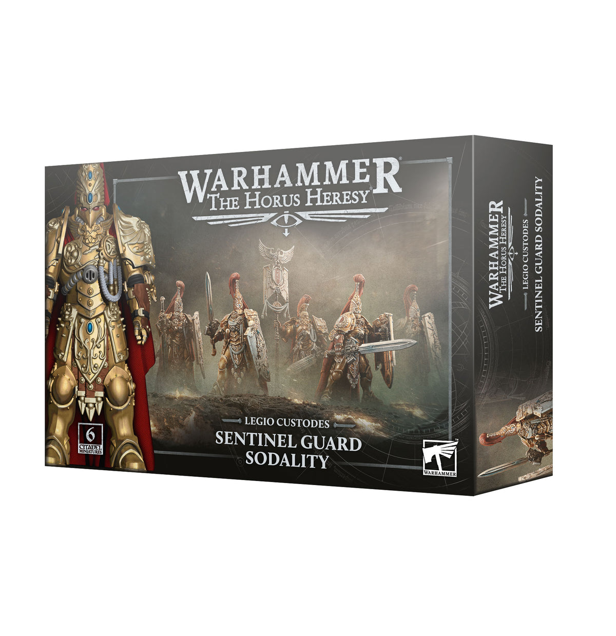 Product box for the Warhammer The Horus Heresy Legio Custodes Sentinel Guard Sodality miniature set, shown at an angle revealing the front and side panels. The front depicts gold-armored warriors with red plumes, shields and swords, a close-up of a gilded figure with a red cape, and a "6 MODELS" badge.