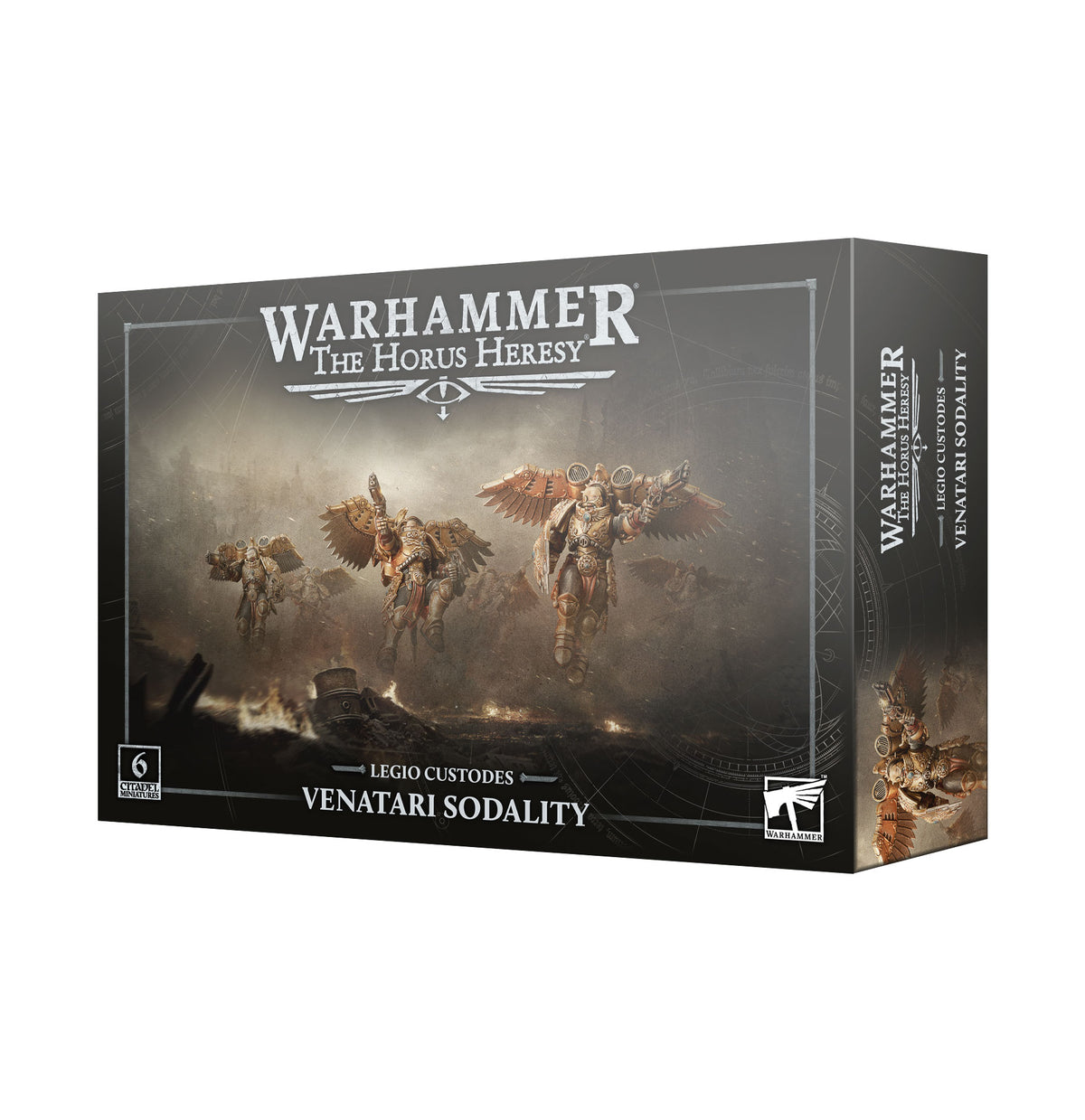 Boxed miniature set shown at an angle revealing the front and side panels. The front artwork depicts winged, gold-armored warriors soaring over a smoky battlefield, with the title "WARHAMMER THE HORUS HERESY" above and "LEGIO CUSTODES VENATARI SODALITY" below, plus a "6 Citadel Miniatures" badge and Warhammer logo. The side panel repeats the same titles.
