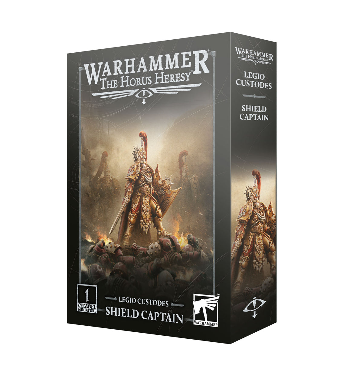 Product box for the Legio Custodes Shield Captain miniature, shown at an angle revealing the front and side panels. The front artwork depicts a golden-armored warrior with a red-crested helmet holding a shield and sword, standing over fallen figures amid smoke and fire. Text reads "WARHAMMER THE HORUS HERESY" and "LEGIO CUSTODES SHIELD CAPTAIN".