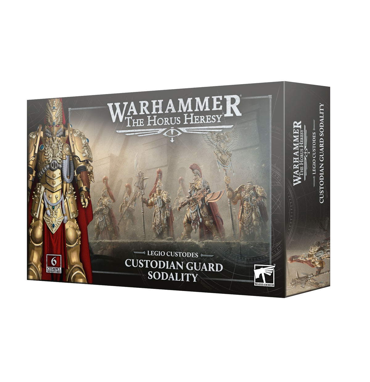 Product box for the Legio Custodes: Custodian Guard Sodality miniature set, shown at an angle with front and side panels visible. The front features a gold-armored warrior with a red cape on the left and a row of similarly armored figures behind, under the text "WARHAMMER THE HORUS HERESY" and "LEGIO CUSTODES CUSTODIAN GUARD SODALITY", with a "6 MINIATURES" label and Warhammer logo.
