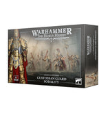 Product box for the Legio Custodes: Custodian Guard Sodality miniature set, shown at an angle with front and side panels visible. The front features a gold-armored warrior with a red cape on the left and a row of similarly armored figures behind, under the text "WARHAMMER THE HORUS HERESY" and "LEGIO CUSTODES CUSTODIAN GUARD SODALITY", with a "6 MINIATURES" label and Warhammer logo.