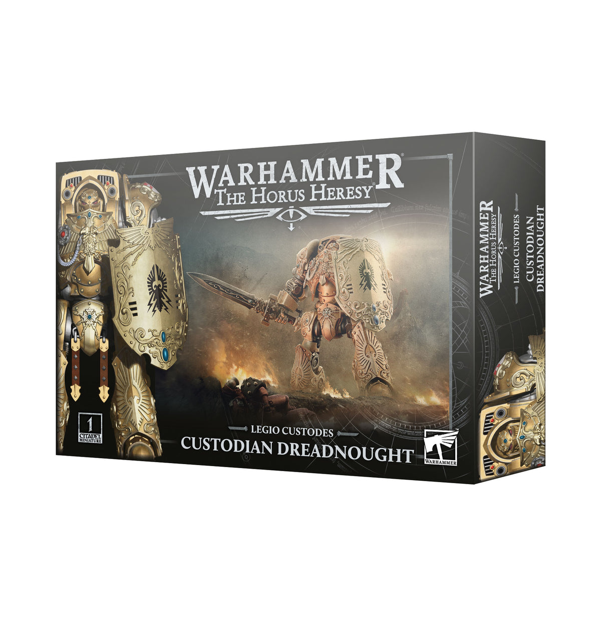 Product box for the Legio Custodes Custodian Dreadnought miniature kit, shown at an angle on white. The dark grey box features artwork of a gold armored figure with a shield and sword, with the text "WARHAMMER THE HORUS HERESY" at top and "LEGIO CUSTODES CUSTODIAN DREADNOUGHT" at bottom, plus a Games Workshop logo and a "1 CITADEL MINIATURE" badge.