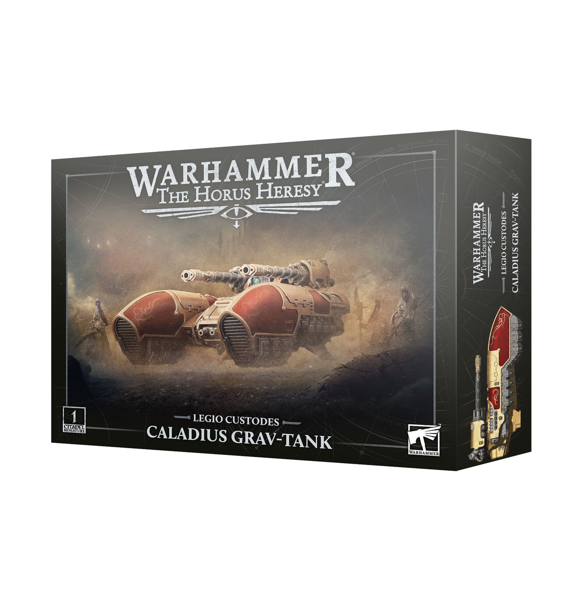 Product box for the Legio Custodes Caladius Grav-Tank shown at an angle revealing the front and side. The front reads "WARHAMMER THE HORUS HERESY" above artwork of a red and cream armored tank with twin cannons over a dusty battlefield, with "CALADIUS GRAV-TANK" below; the side panel shows a top view of the red and gold model.