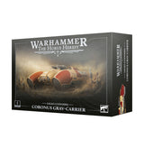 Product box shown at an angle revealing the front and side panel, with dark gray artwork of a cream and red hovering armored vehicle with a top turret amid dust, flanked by two spear-bearing figures. Text reads "WARHAMMER THE HORUS HERESY" and "LEGIO CUSTODES CORONUS GRAV-CARRIER".