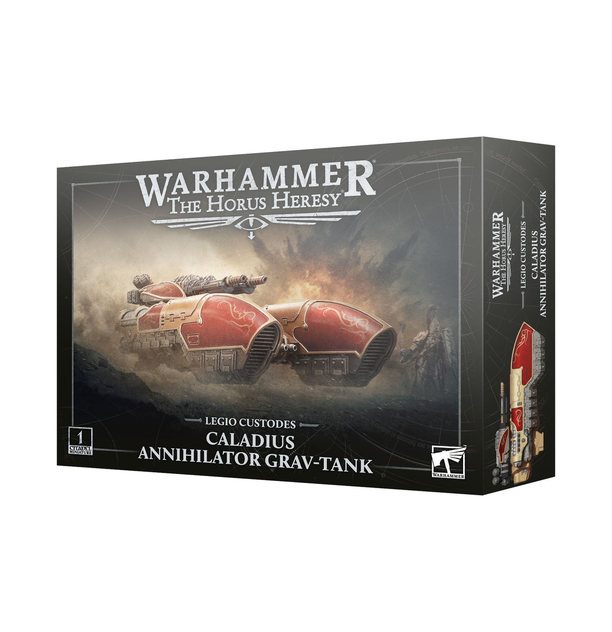 Product box for the Warhammer The Horus Heresy Legio Custodes Caladius Annihilator Grav-Tank, angled to show the front and side panel. The front artwork depicts a red and gold hovering grav-tank with a turret cannon amid dust and smoke, with an armored figure at right; the side shows a top-down view of the model. Text reads "WARHAMMER THE HORUS HERESY" and "CALADIUS ANNIHILATOR GRAV-TANK".