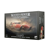 Product box for the Warhammer The Horus Heresy Legio Custodes Caladius Annihilator Grav-Tank, angled to show the front and side panel. The front artwork depicts a red and gold hovering grav-tank with a turret cannon amid dust and smoke, with an armored figure at right; the side shows a top-down view of the model. Text reads "WARHAMMER THE HORUS HERESY" and "CALADIUS ANNIHILATOR GRAV-TANK".