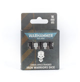Front of a hang-tab retail box for the Warhammer 40,000 Iron Warriors dice set, dark grey-green with diagonal bronze stripes. It shows the "WARHAMMER 40,000" logo, a window revealing dice stamped with a white skull emblem, the same emblem below, and the text "CHAOS SPACE MARINES IRON WARRIORS DICE" with "16 DICE DÉS" at the top right.
