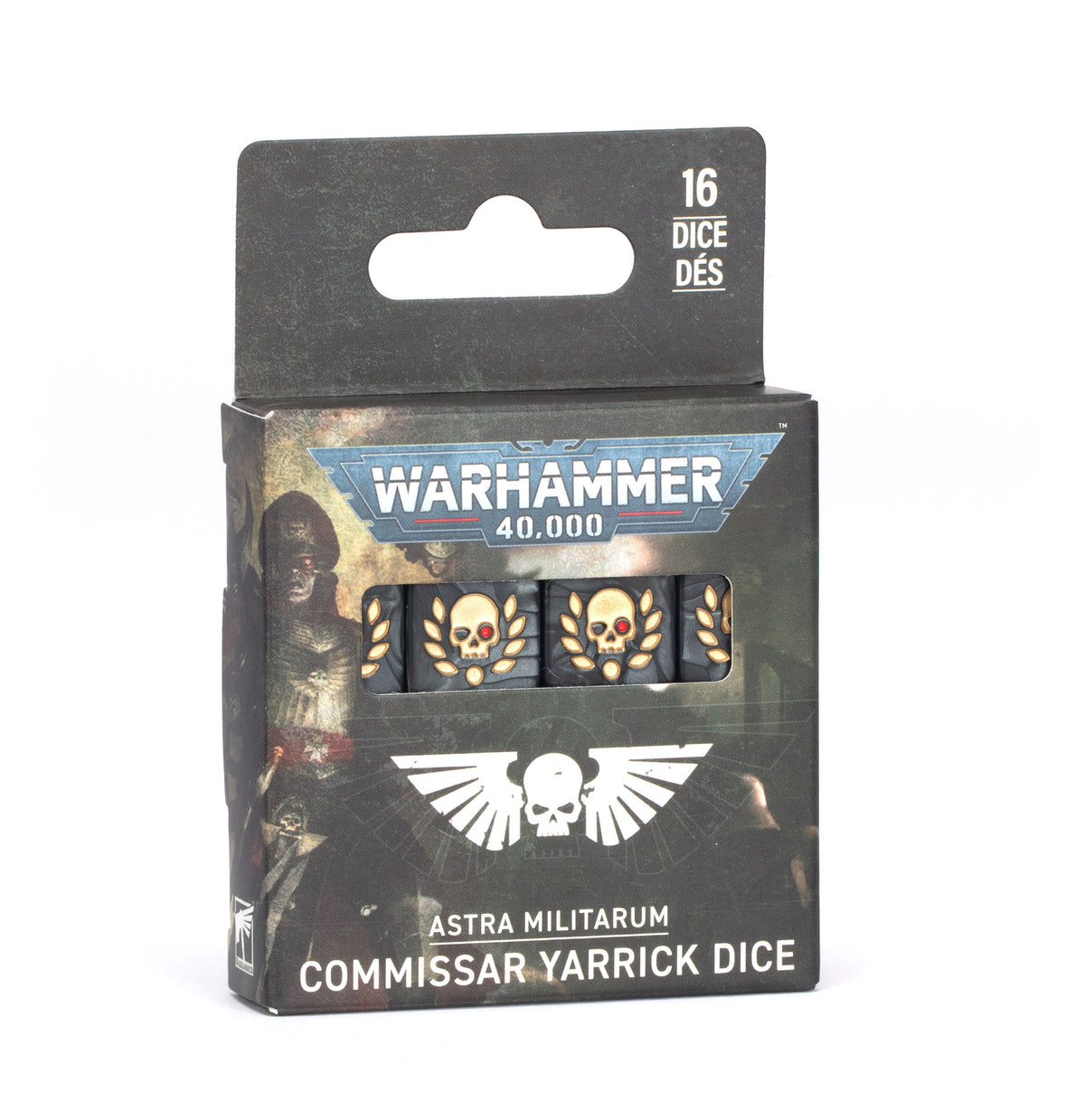 Retail box for Warhammer 40,000 Astra Militarum Commissar Yarrick dice, dark packaging with a hang tab reading "16 DICE DÉS". A window shows black dice with gold skull-and-laurel icons, below the "WARHAMMER 40,000" logo and a white winged skull emblem, with "ASTRA MILITARUM COMMISSAR YARRICK DICE" at the bottom.
