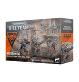 Product box for Warhammer 40,000 Kill Team Murderwing, shown at an angle revealing front and side panels. Cover art depicts blue-armored Chaos Space Marine figures with jump packs and blades amid ruined gothic architecture, with an orange triangle emblem. Text reads "KILL TEAM" and "MURDERWING CHAOS SPACE MARINE AERIAL SHOCK TROOPS", plus "6 CITADEL MINIATURES/FIGURINES".