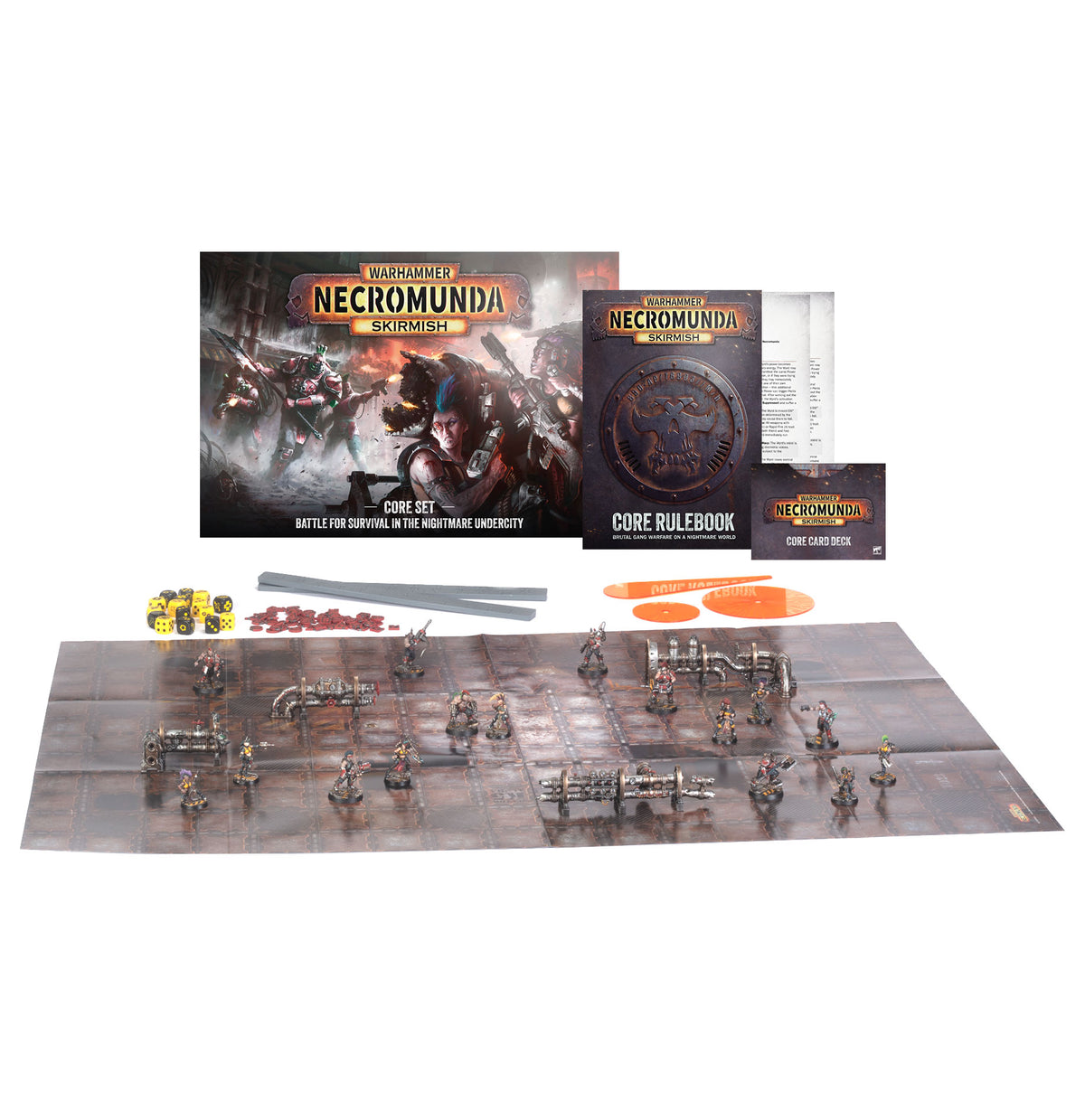 Necromunda: Skirmish Core Set contents laid out: a box with "WARHAMMER NECROMUNDA SKIRMISH" and "CORE SET" artwork of armed fighters, a "CORE RULEBOOK", a "CORE CARD DECK", yellow dice, red tokens, measuring sticks and orange templates, plus a game mat set with painted miniatures and pipe terrain.