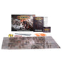 Necromunda: Skirmish Core Set contents laid out: a box with "WARHAMMER NECROMUNDA SKIRMISH" and "CORE SET" artwork of armed fighters, a "CORE RULEBOOK", a "CORE CARD DECK", yellow dice, red tokens, measuring sticks and orange templates, plus a game mat set with painted miniatures and pipe terrain.