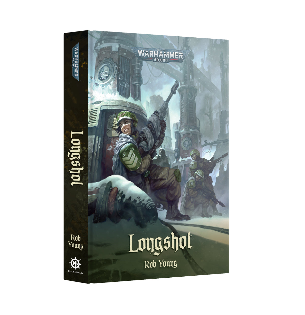 Hardcover book shown at a three-quarter angle revealing the spine and front cover of the Warhammer 40,000 novel "Longshot" by Rob Young. The cover art depicts soldiers in green armor with chevron insignia crouching with rifles in a snowy industrial ruin, with the "WARHAMMER 40,000" logo at top and "BLACK LIBRARY" mark on the spine.