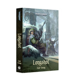 Hardcover book shown at a three-quarter angle revealing the spine and front cover of the Warhammer 40,000 novel "Longshot" by Rob Young. The cover art depicts soldiers in green armor with chevron insignia crouching with rifles in a snowy industrial ruin, with the "WARHAMMER 40,000" logo at top and "BLACK LIBRARY" mark on the spine.