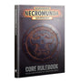 Hardcover book shown at an angle revealing the spine and front cover. The dark, rusted-metal cover bears a banner reading "WARHAMMER NECROMUNDA SKIRMISH" above a riveted circular emblem with a stylized skull symbol, and "CORE RULEBOOK" with the tagline "BRUTAL GANG WARFARE ON A NIGHTMARE WORLD" below. The spine reads "NECROMUNDA SKIRMISH: CORE RULEBOOK".