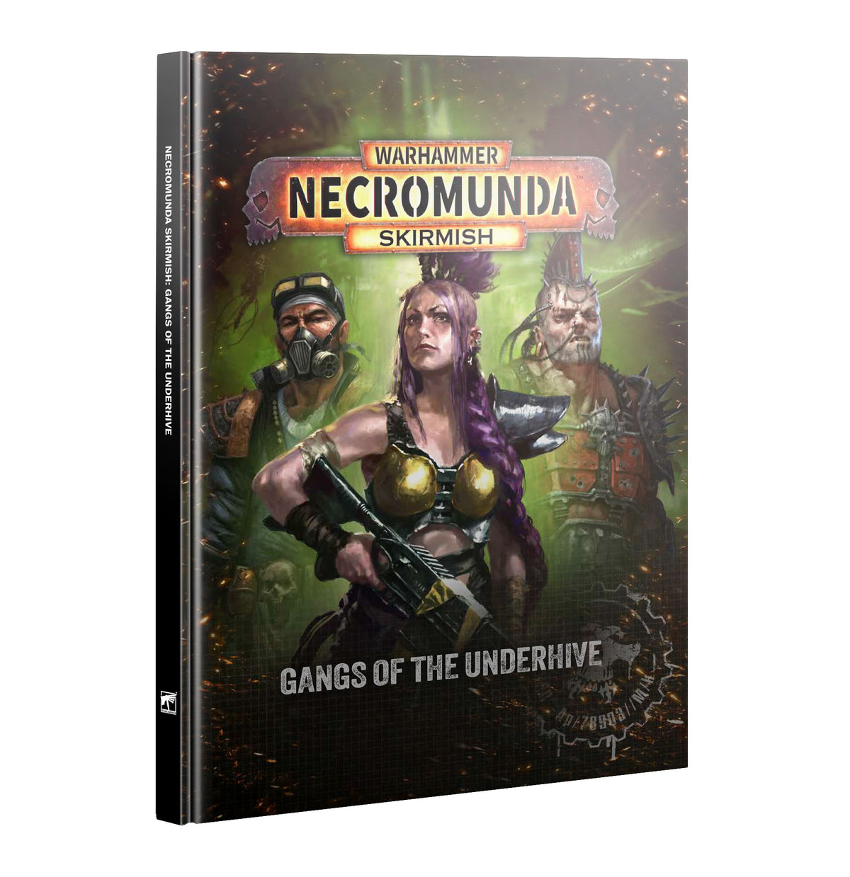 Hardcover rulebook shown at an angle with its spine visible. The cover reads "WARHAMMER NECROMUNDA SKIRMISH" above three illustrated fighters: a purple-haired woman in gold armor holding a gun, a masked man, and a mohawked man, on a glowing green background. Bottom text reads "GANGS OF THE UNDERHIVE".