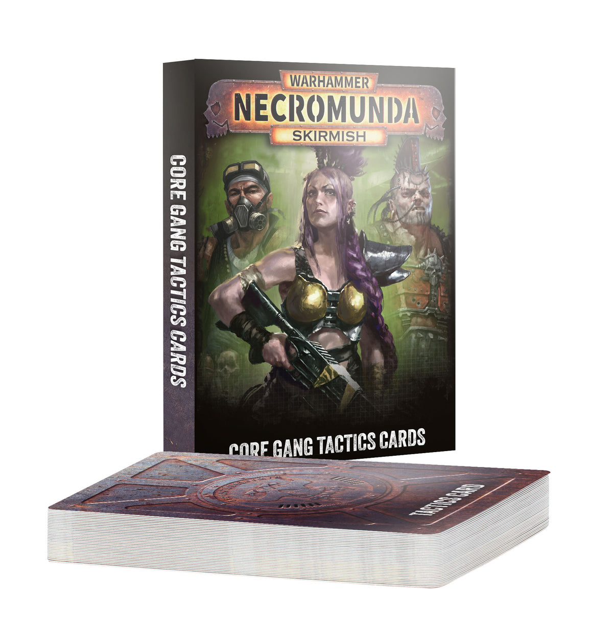Box for the Necromunda Skirmish card game standing upright behind a thick stack of cards lying flat. The cover shows a purple-haired woman in gold armor holding a gun, flanked by a gas-masked man and a mohawked man, with the text "WARHAMMER NECROMUNDA SKIRMISH" and "CORE GANG TACTICS CARDS". The card backs have a rust-red circular emblem.