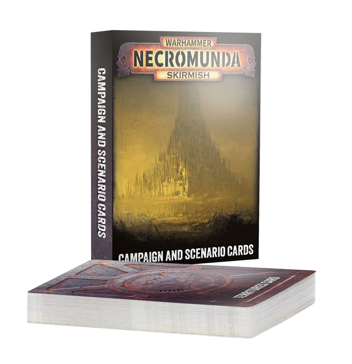 Standing card box and a flat stack of cards for Necromunda. The box reads "WARHAMMER NECROMUNDA SKIRMISH" above a sepia illustration of a towering spire city, with "CAMPAIGN AND SCENARIO CARDS" on the spine and base. The stacked cards show a rusted metal back with a circular emblem.