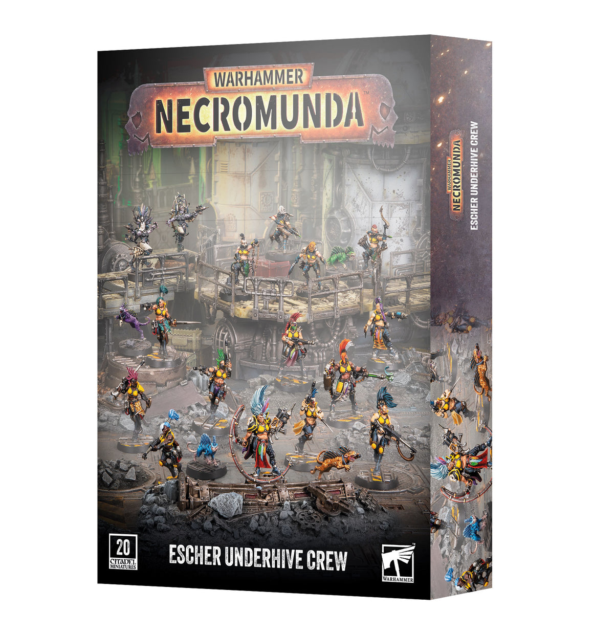 Box for the Warhammer Necromunda "ESCHER UNDERHIVE CREW" set, showing about twenty painted female miniatures in yellow and black outfits with brightly colored hair, posed with weapons across an industrial underhive scene. The front reads "WARHAMMER NECROMUNDA" and "20 CITADEL MINIATURES", with the side panel repeating the title.