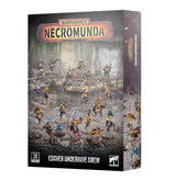 Box for the Warhammer Necromunda "ESCHER UNDERHIVE CREW" set, showing about twenty painted female miniatures in yellow and black outfits with brightly colored hair, posed with weapons across an industrial underhive scene. The front reads "WARHAMMER NECROMUNDA" and "20 CITADEL MINIATURES", with the side panel repeating the title.