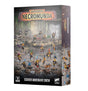 Box for the Warhammer Necromunda "ESCHER UNDERHIVE CREW" set, showing about twenty painted female miniatures in yellow and black outfits with brightly colored hair, posed with weapons across an industrial underhive scene. The front reads "WARHAMMER NECROMUNDA" and "20 CITADEL MINIATURES", with the side panel repeating the title.