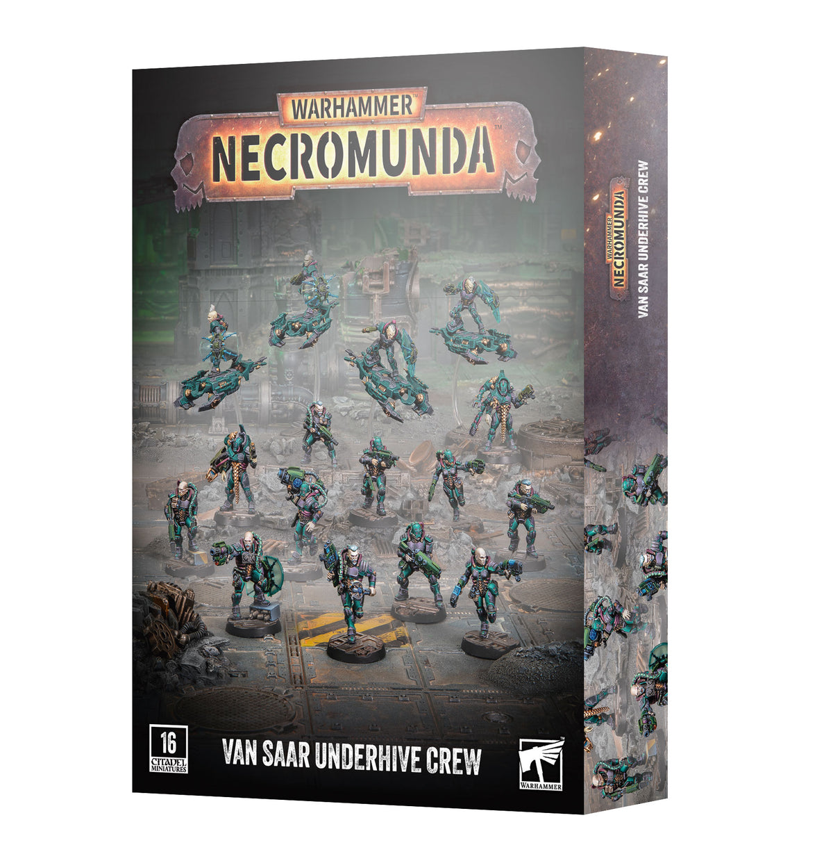 Product box for the Warhammer Necromunda miniature set, angled to show the front cover and side spine. The front displays numerous teal-and-green painted sci-fi figures on hover boards and standing on a gritty industrial floor, with the title "WARHAMMER NECROMUNDA" at top and "VAN SAAR UNDERHIVE CREW" at the bottom beside a Warhammer logo and a "16 CITADEL MINIATURES" badge.