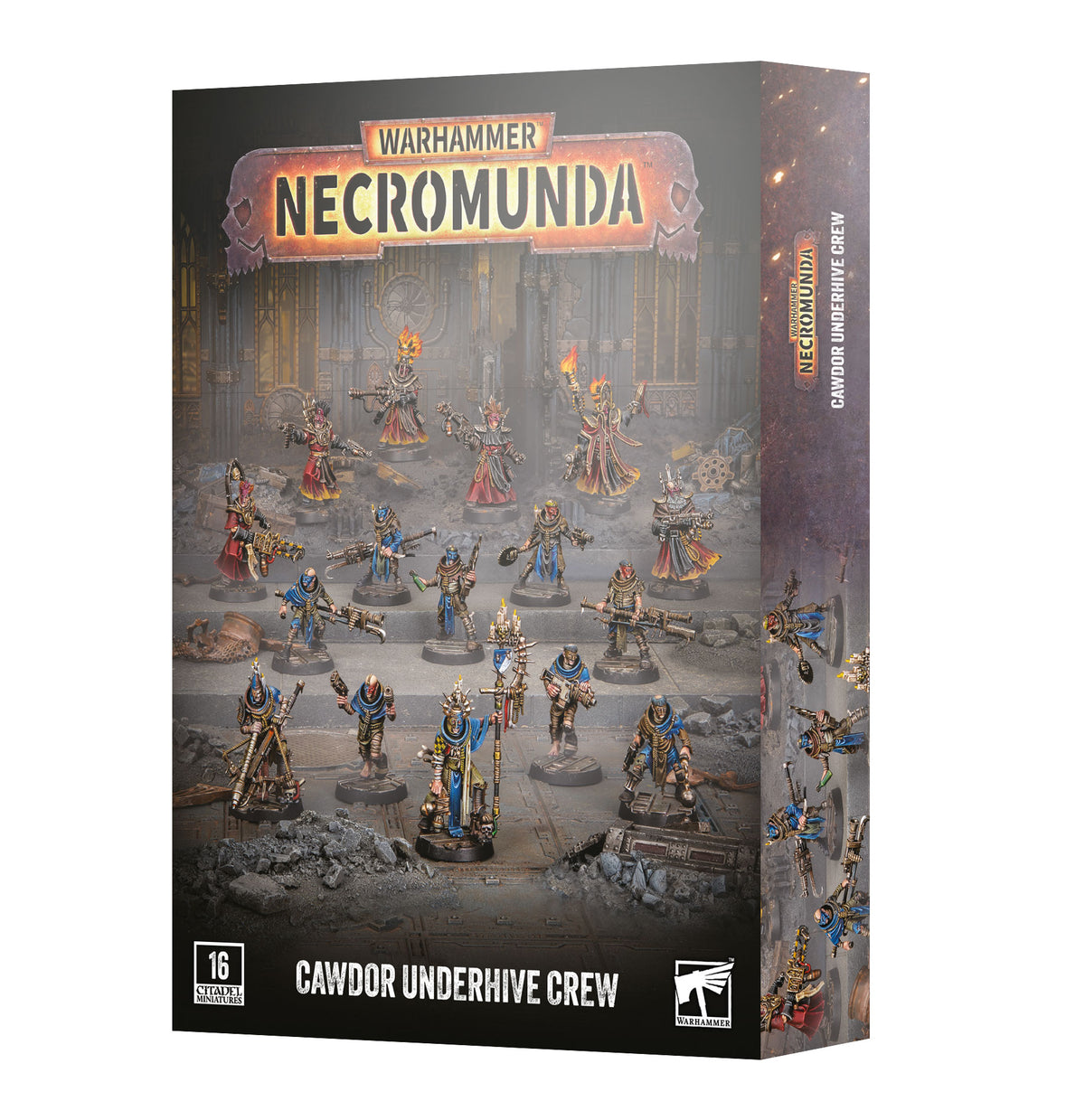 Box for the Necromunda: Cawdor Underhive Crew miniature set, showing painted figures in red and blue robes wielding guns, torches and banners on a rubble-strewn floor. The top reads "WARHAMMER NECROMUNDA" and the bottom "CAWDOR UNDERHIVE CREW" beside a "16 CITADEL MINIATURES" badge and Warhammer logo.