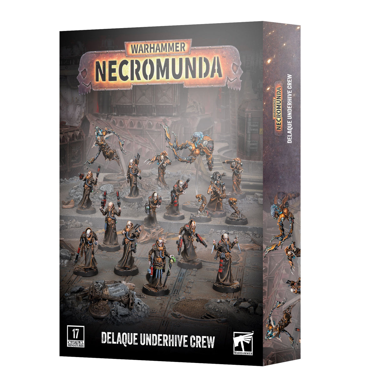 Box packaging for the Warhammer Necromunda "Delaque Underhive Crew" set, shown at an angle revealing the front and side panels. The cover displays painted miniatures of robed, pale-faced figures holding weapons alongside orange-and-blue mechanical creatures on an industrial backdrop, with the "WARHAMMER NECROMUNDA" logo at top and a "17 Citadel Miniatures" badge at bottom.