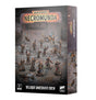 Box packaging for the Warhammer Necromunda "Delaque Underhive Crew" set, shown at an angle revealing the front and side panels. The cover displays painted miniatures of robed, pale-faced figures holding weapons alongside orange-and-blue mechanical creatures on an industrial backdrop, with the "WARHAMMER NECROMUNDA" logo at top and a "17 Citadel Miniatures" badge at bottom.