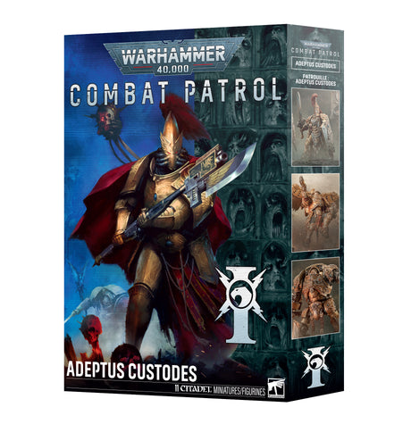 A Warhammer 40,000 Combat Patrol: Adeptus Custodes box, with front artwork of a gold-armored warrior in a red cape holding a blade; three smaller miniature illustrations run down the side. The box reads “WARHAMMER 40,000,” “COMBAT PATROL” and “ADEPTUS CUSTODES.”