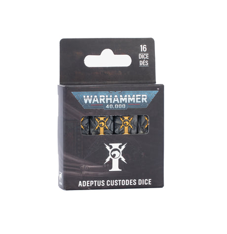 Black retail box for Warhammer 40,000 Adeptus Custodes dice with a hang tab. The front shows the "WARHAMMER 40,000" logo, a window revealing black dice with gold symbols, a white Adeptus Custodes emblem, and the text "ADEPTUS CUSTODES DICE"; the tab reads "16 DICE DÉS".