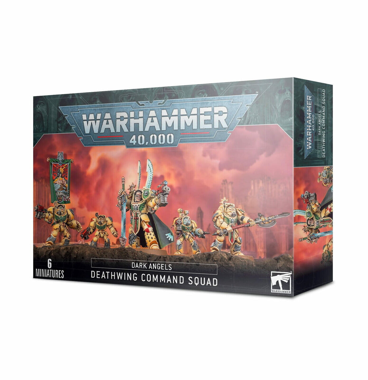 Box for the Dark Angels Deathwing Command Squad, shown from the front and right side. The artwork features six gold-armored figures with green and red details against a fiery orange backdrop; the front reads “WARHAMMER 40,000” and “DEATHWING COMMAND SQUAD.”