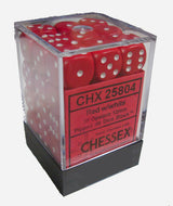 A clear cube-shaped case on a black base holds many opaque red six-sided dice with white pips. The front label reads “CHX 25804,” “Red w/White,” and “CHESSEX.”