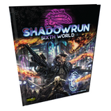 Shadowrun Sixth World core rulebook shown at an angle, with a black cover depicting an armed man and a blonde woman against a futuristic city amid flames and glowing blue effects. The cover reads “SHADOWRUN SIXTH WORLD” and “CORE RULEBOOK.”