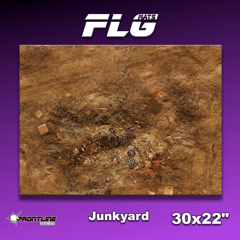 Rectangular Junkyard gaming mat shown from above, printed with a mottled rusty-brown scrapyard scene scattered with debris and tire tracks. The purple graphic is labeled “Junkyard” and “30x22"” beneath a large “FLG” logo.
